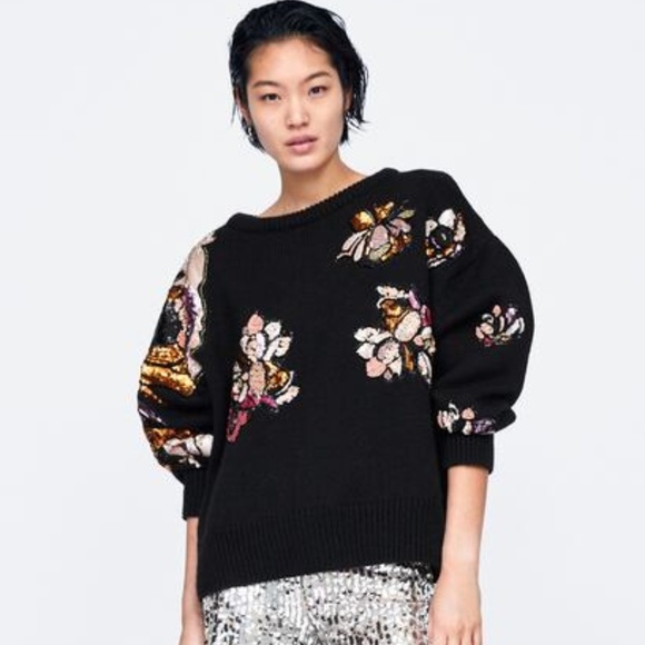 zara sequin floral sweater